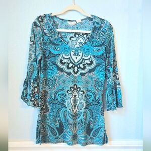 Allison Brittney Blue and Black Paisley Tunic With Bell Sleeves